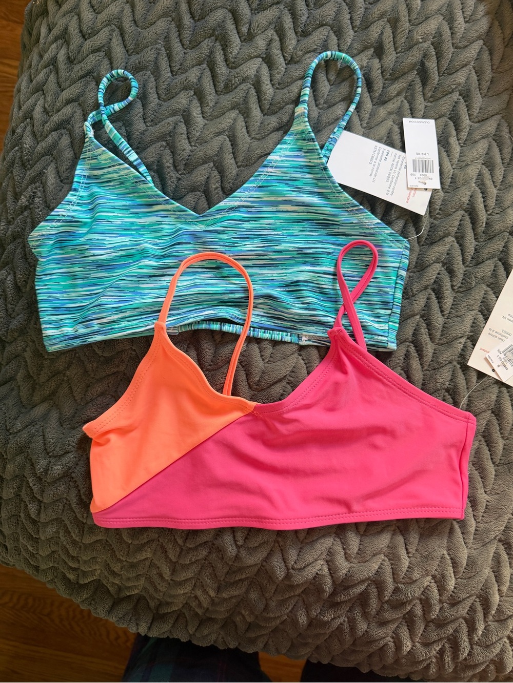 Old Navy Girls Two-Pack Swim Tops - Teal Stripe, Hot Pink & Neon Orange